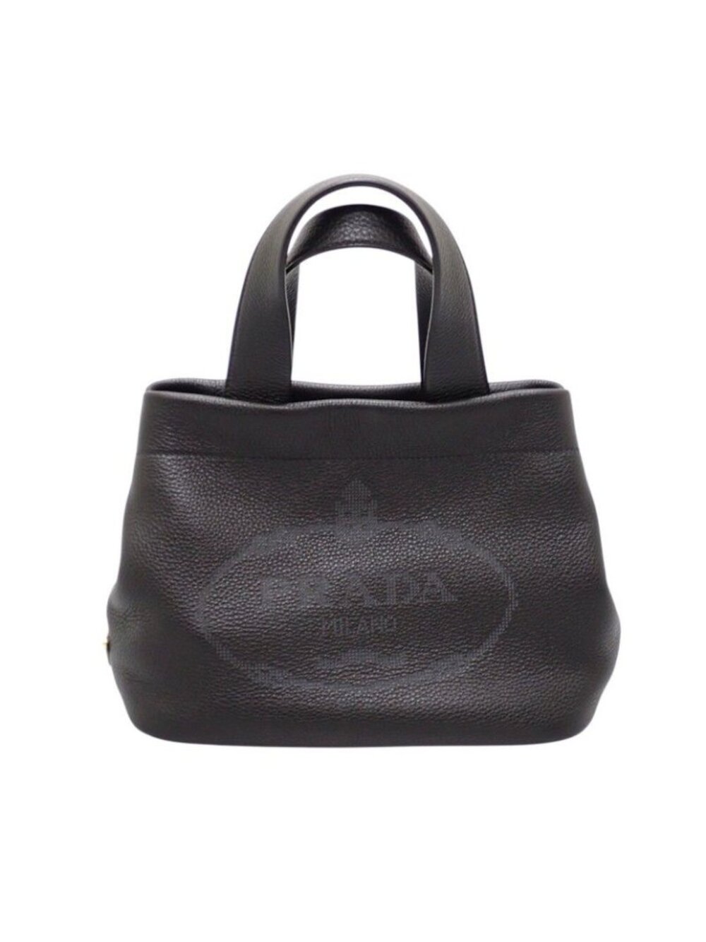 Prada Small Leather Tote Handbag Vitello Daino Black Gold Genus